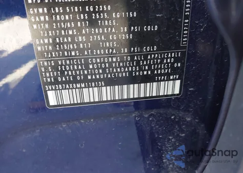 2021 Volkswagen Tiguan 2.0T Se/2.0T Se R-Line Black/2.0T Sel from USA, damaged, VIN 3VV3B7AX8MM118135